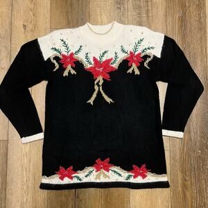 VTG Dana Scott Wool Blend Holiday Christmas Poinsettia Sweater Black Gold Size L